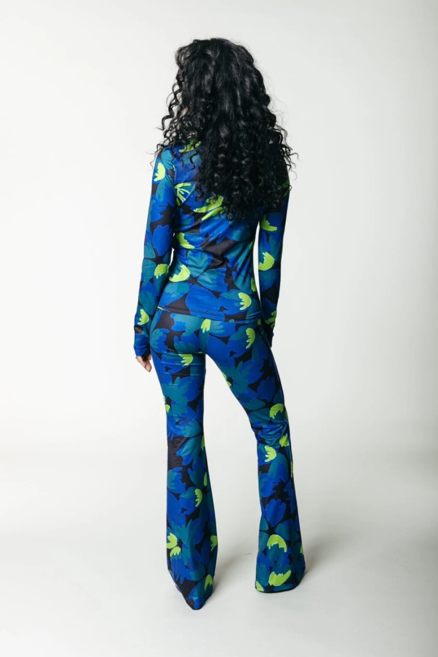 "Colourful Rebel Women's Vibrant Blue Peached Extra Flare Pants - Boho Floral Print High Waist Wide Leg Trousers"
