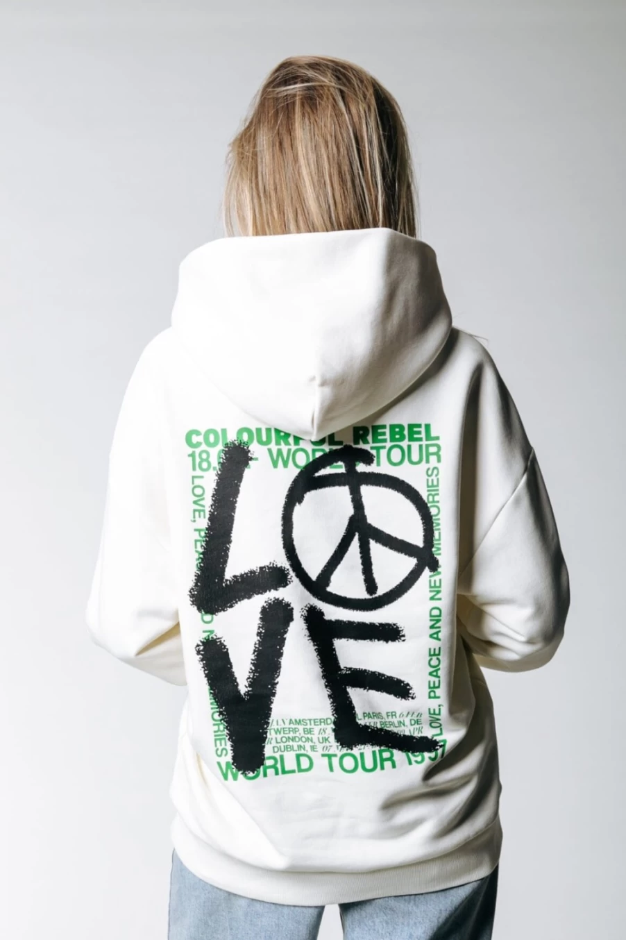 "Colourful Rebel Women's Love Peace Hoodie in Off-White | Stylish Streetwear Pullover"