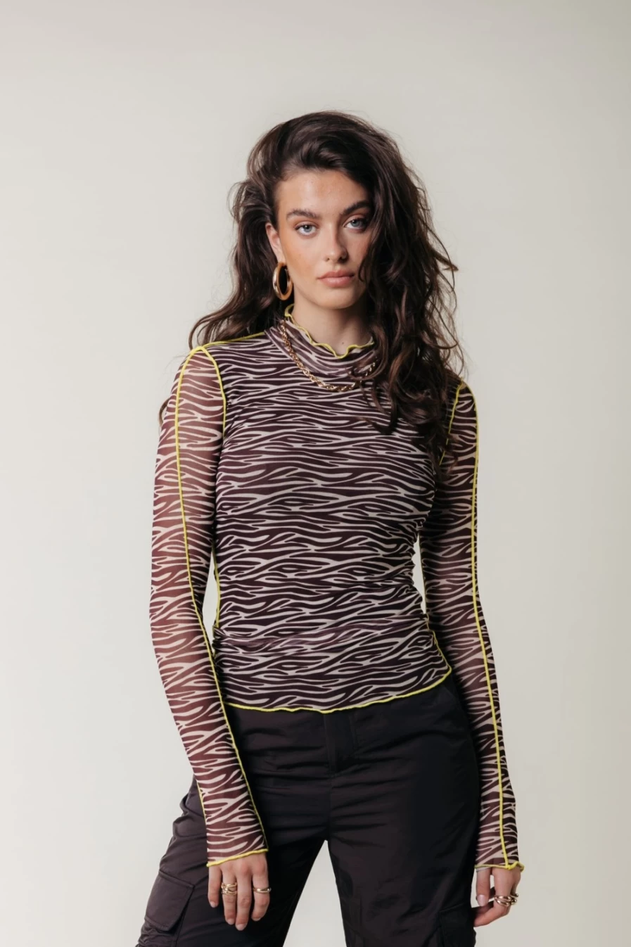 Colourful Rebel Women's Neyo Zebra Mesh Top in Dark Brown - Stylish Animal Print Blouse