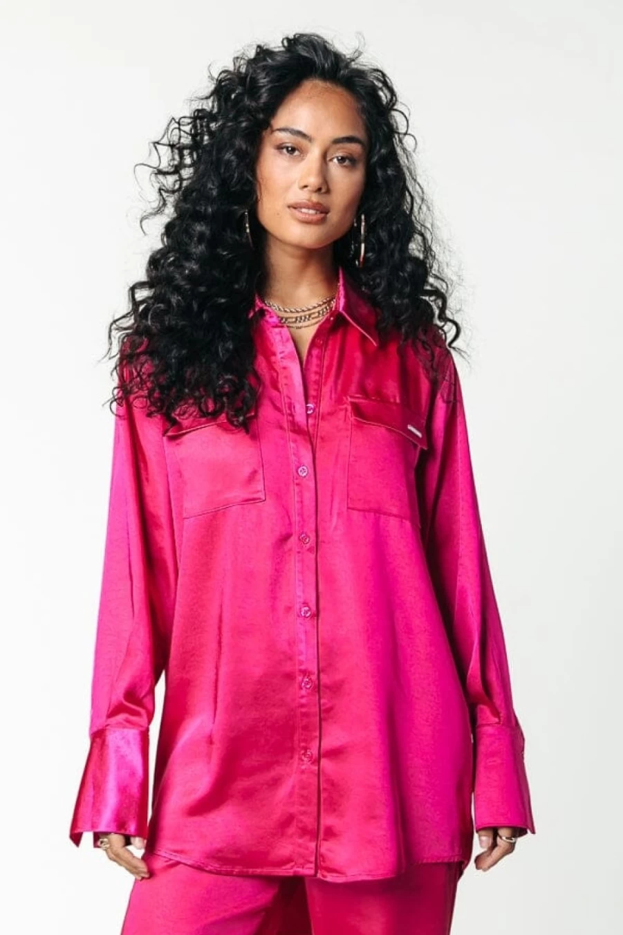 Colourful Rebel Women's Fuchsia Satin Button Down Blouse - Oletta Style