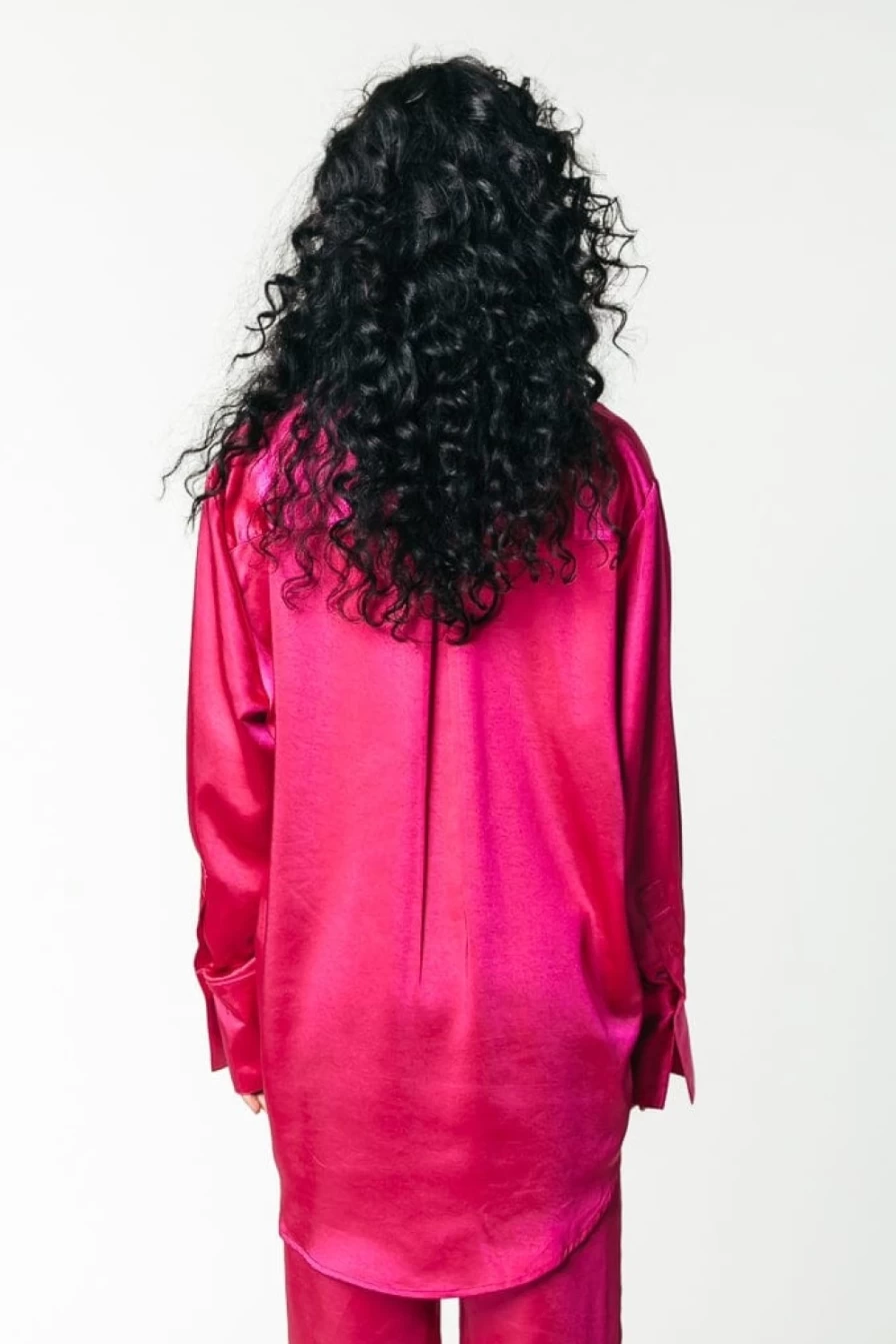 Colourful Rebel Women's Fuchsia Satin Button Down Blouse - Oletta Style