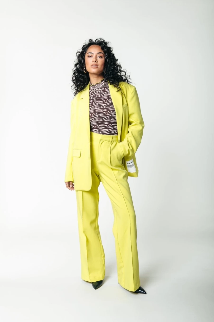 Colourful Rebel Women's Rus Uni Straight Pants in Neon Lime - High-Waisted Trendy Trousers