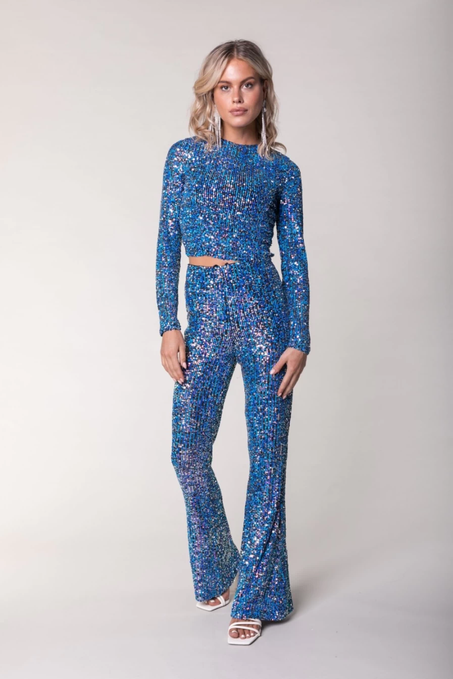 Colourful Rebel Women's Steffie Sequins Flare Pants - Medium Pink Glamorous High Waisted Party Trousers