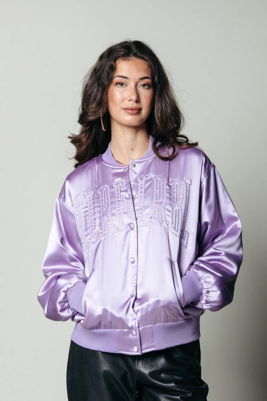 Colourful Rebel Women's Lilac Satin Bomber Jacket | Hallie Patch Design