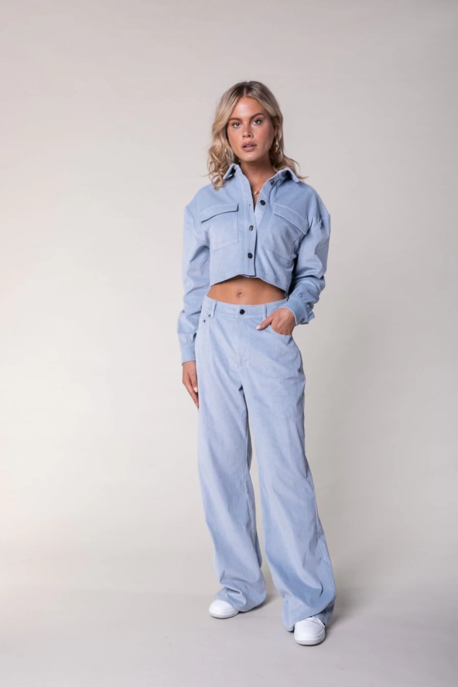 Colourful Rebel Women's Soft Blue Corduroy Wide Leg Pants | Gaia's High Waist Comfort Fit