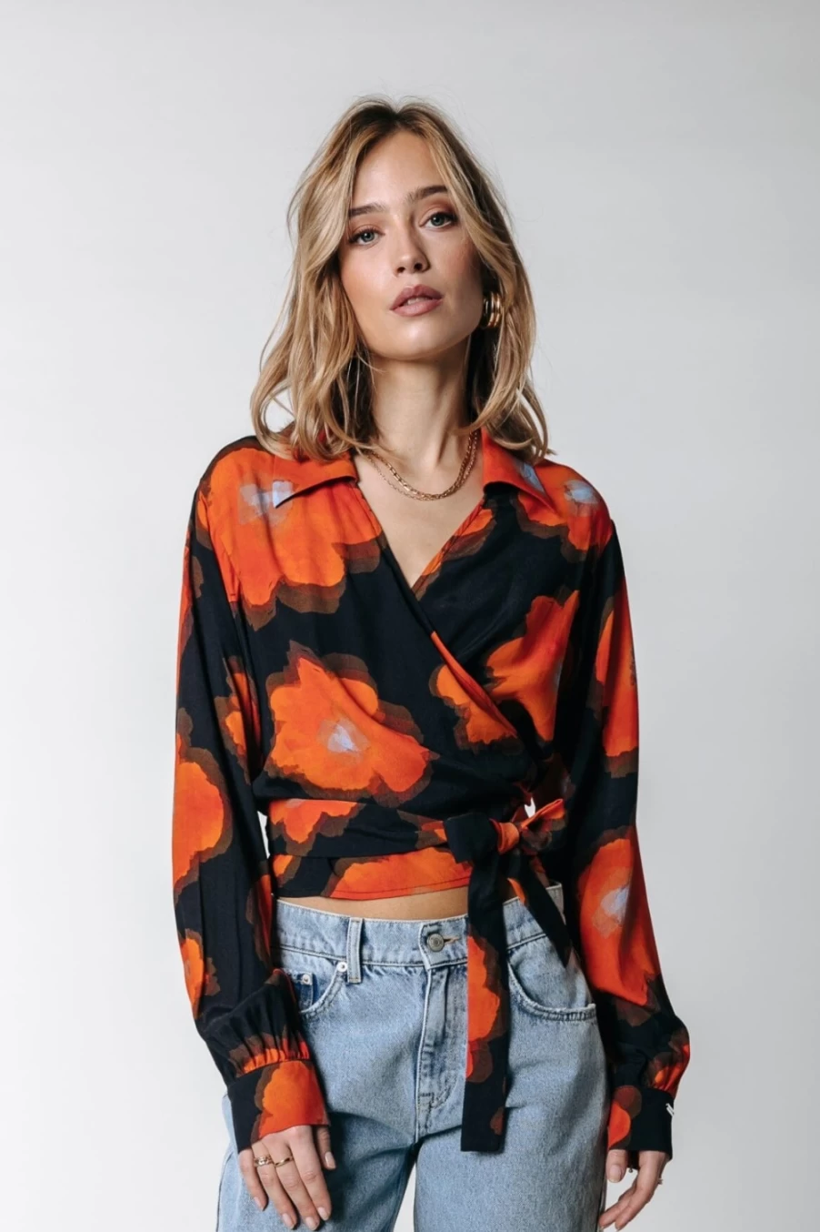 Colourful Rebel Women's Josa Floral Wrap Blouse in Mandarin Orange - Stylish & Comfortable Top
