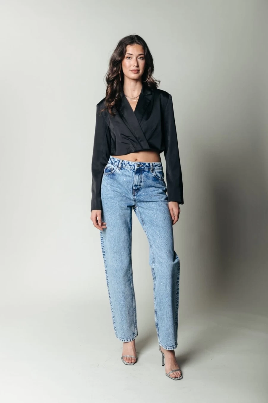 Colourful Rebel Women's Mid Rise Denim Jeans with Rhinestones in Mid Blue