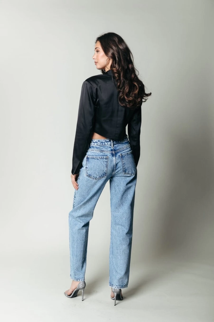 Colourful Rebel Women's Mid Rise Denim Jeans with Rhinestones in Mid Blue