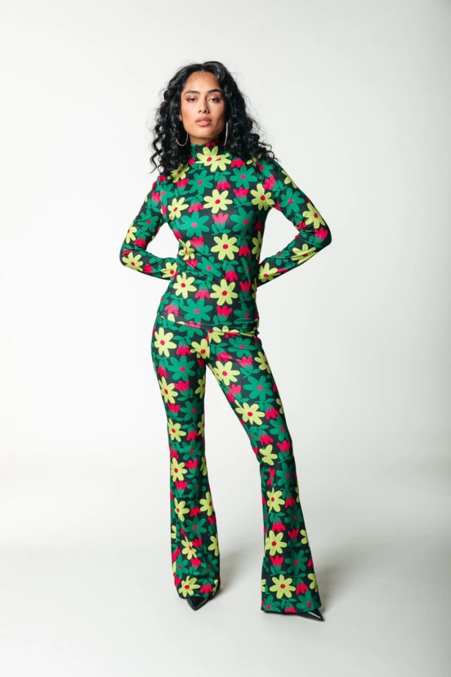 "Colourful Rebel Women's Big Flower Flare Pants - Multicolor Bohemian Wide Leg Trousers"