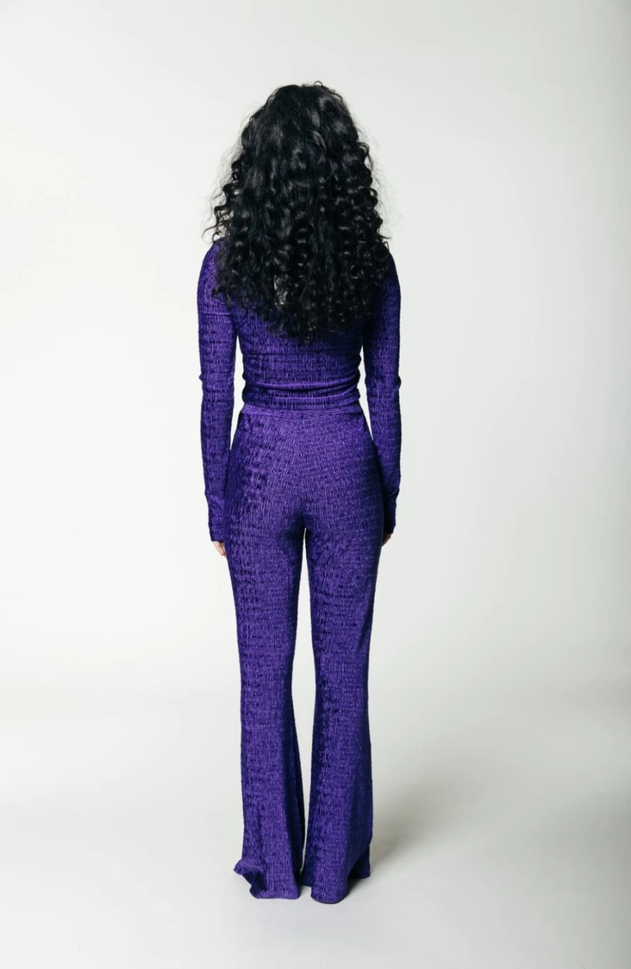 Colourful Rebel Women's Deep Purple Velvet Flare Pants - Structured High-Waist Retro Trousers