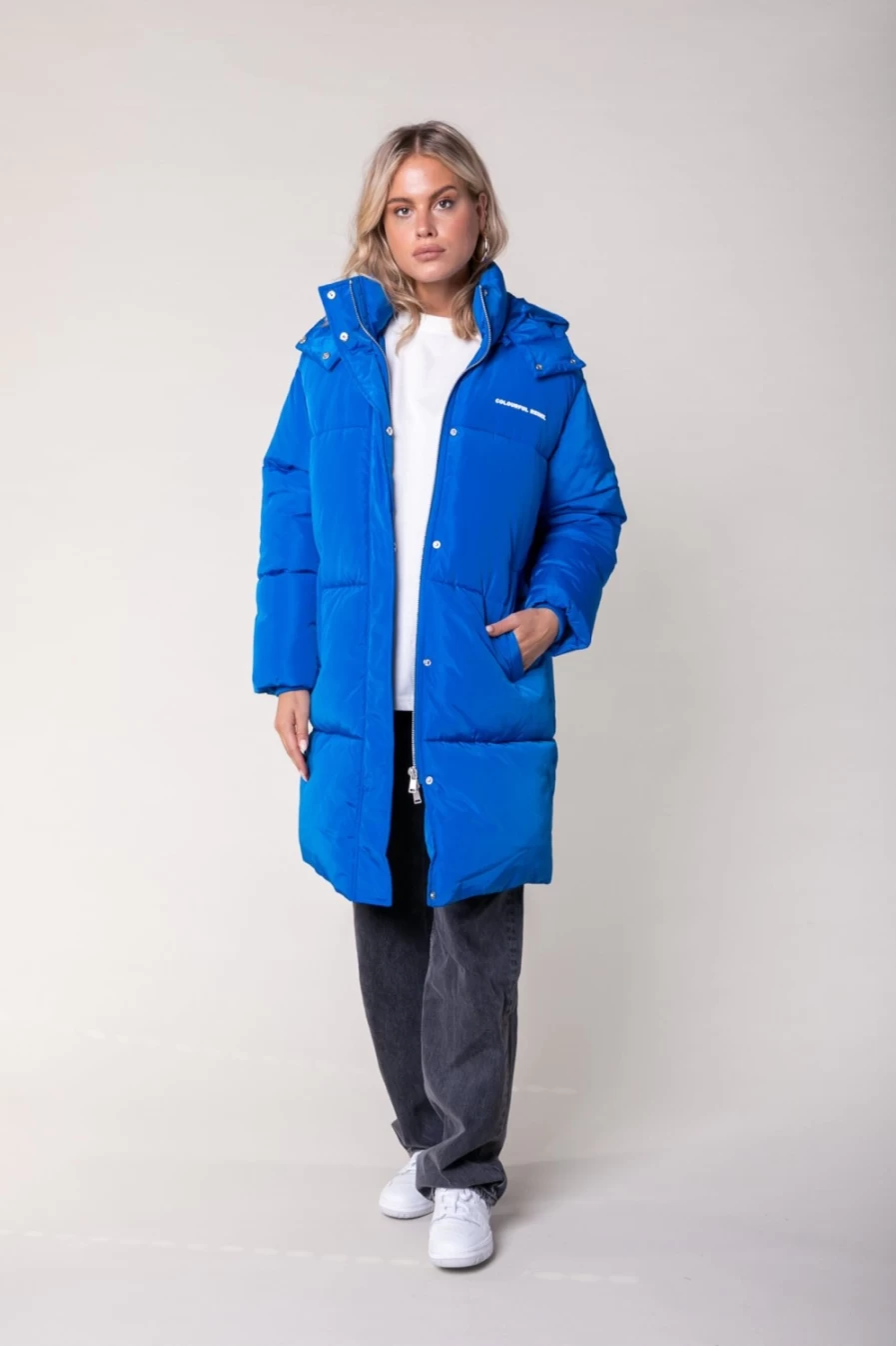 "Colourful Rebel Women's North Long Puffer Jacket in Bright Blue | Winter Warm Coat"