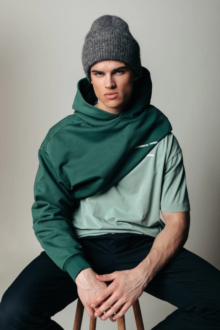 Colourful Rebel Men's Uni Logo Hoodie - Dark Green Pullover Sweatshirt