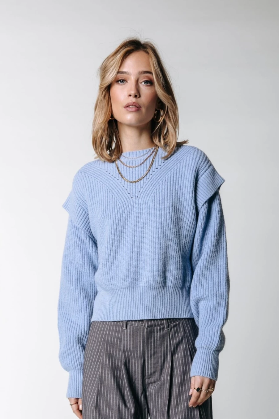 "Colourful Rebel Women's Toby Soft Blue Knit Top with Sleeve Detail"