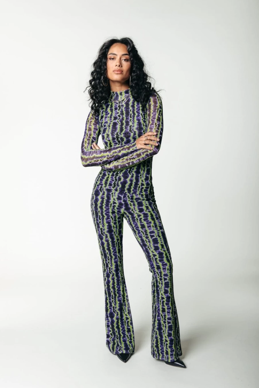 "Colourful Rebel Women's Tie Dye Striped Mesh Flare Pants - Multicolor Bohemian Fashion"