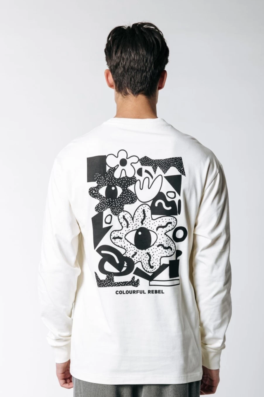 Colourful Rebel Men's Abstract Print Long Sleeve Shirt in Off-White