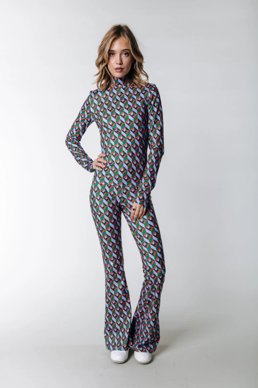 "Colourful Rebel Women's Graphic Peached Flare Pants - Multicolor High-Waisted Retro Trousers"