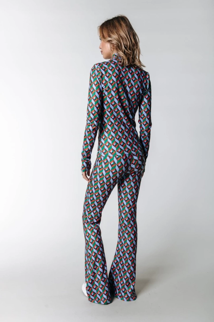 "Colourful Rebel Women's Graphic Peached Flare Pants - Multicolor High-Waisted Retro Trousers"