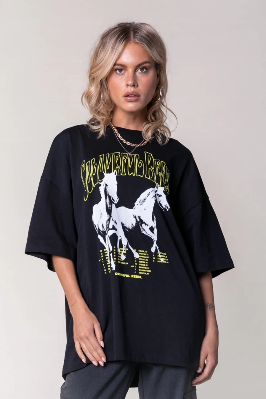 Colourful Rebel Women's Printed Oversized T-Shirt in Black - Stylish Loose Fit Tee