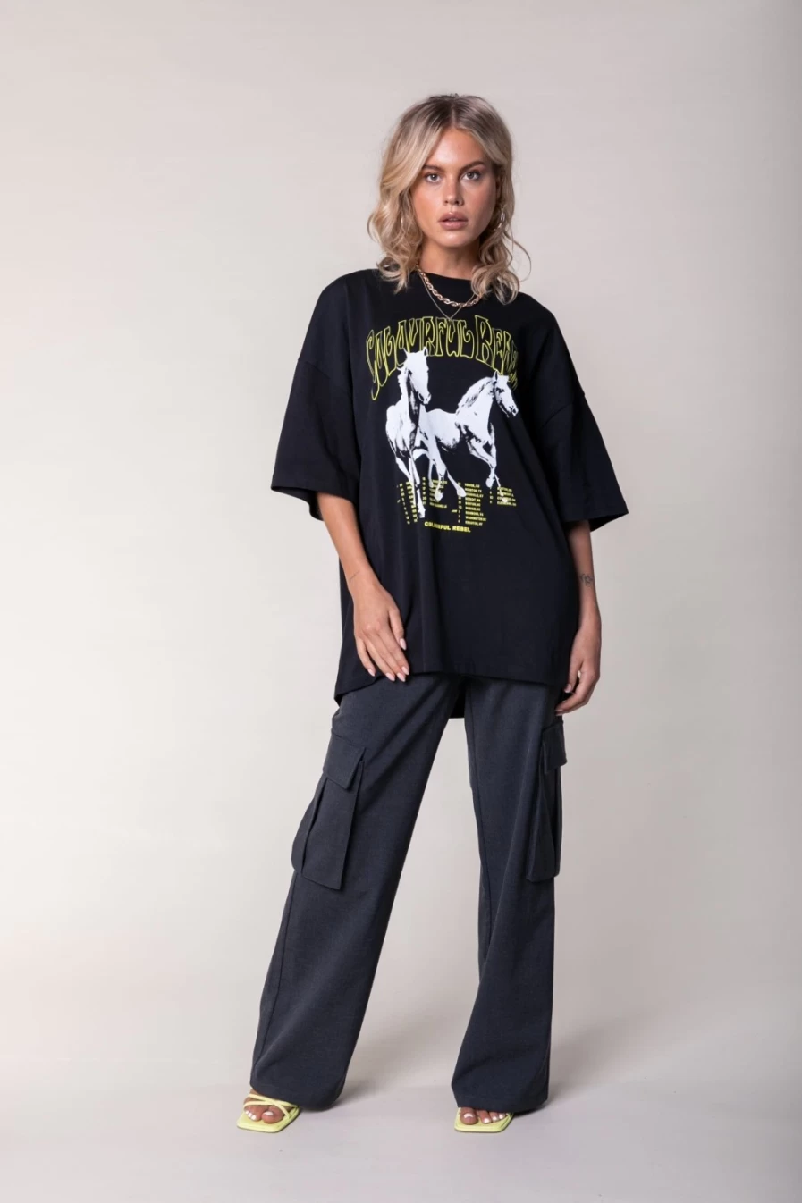 Colourful Rebel Women's Printed Oversized T-Shirt in Black - Stylish Loose Fit Tee