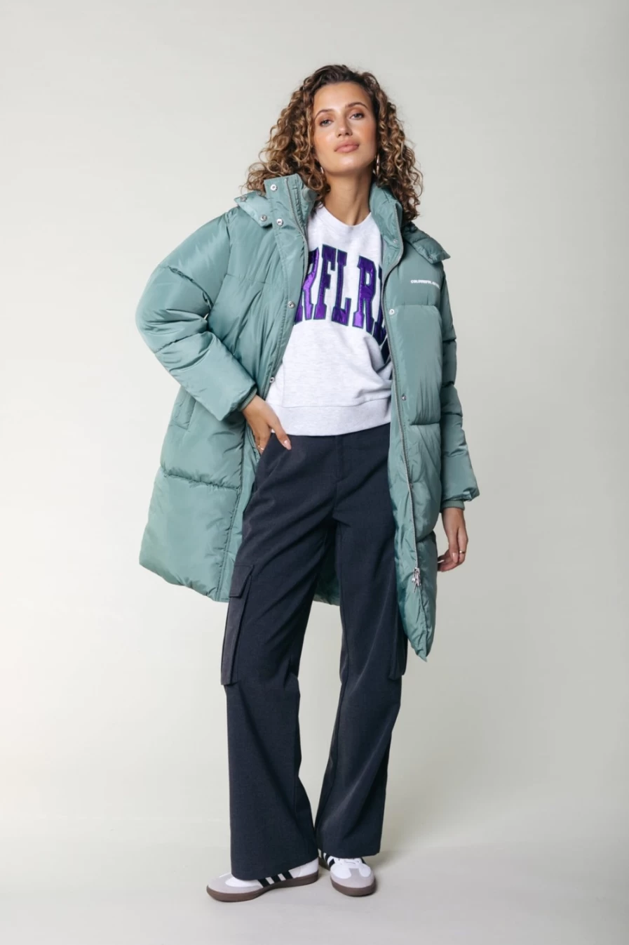 Colourful Rebel Women's Vintage Green Long Puffer Coat | Winter Warm Jacket