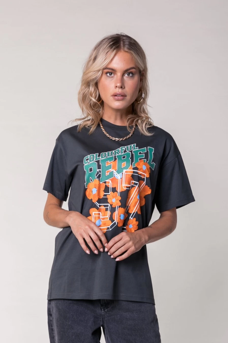 Colourful Rebel Women's Aqua Floral Loose Fit T-Shirt in Anthracite