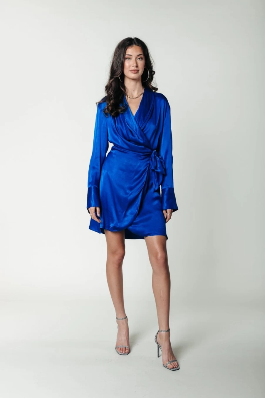 Colourful Rebel Women's Vibrant Blue Satin Wrap Dress - Dorin Style Elegance
