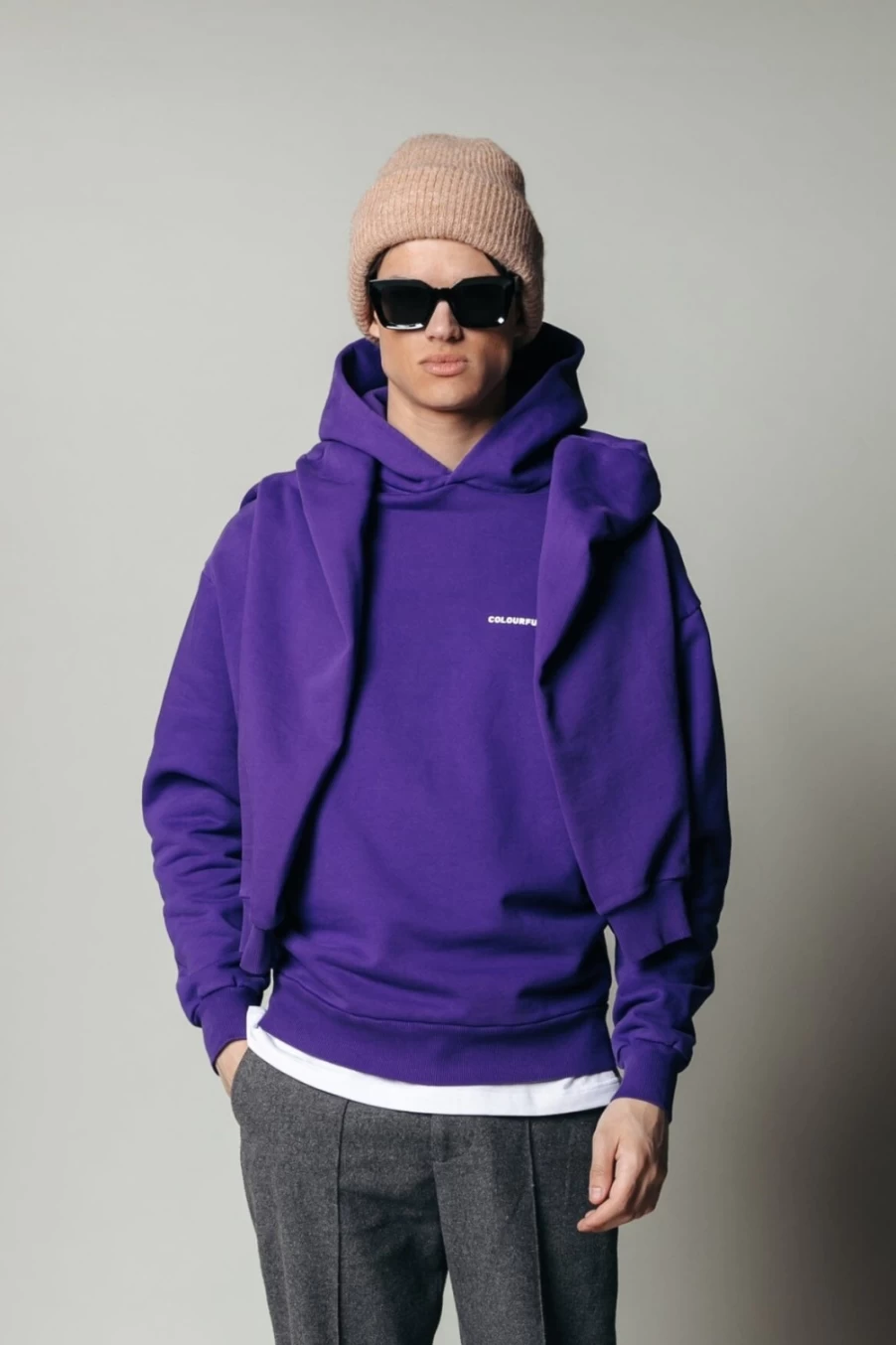 Colourful Rebel Men's Uni Logo Hoodie - Dark Purple Pullover Sweatshirt