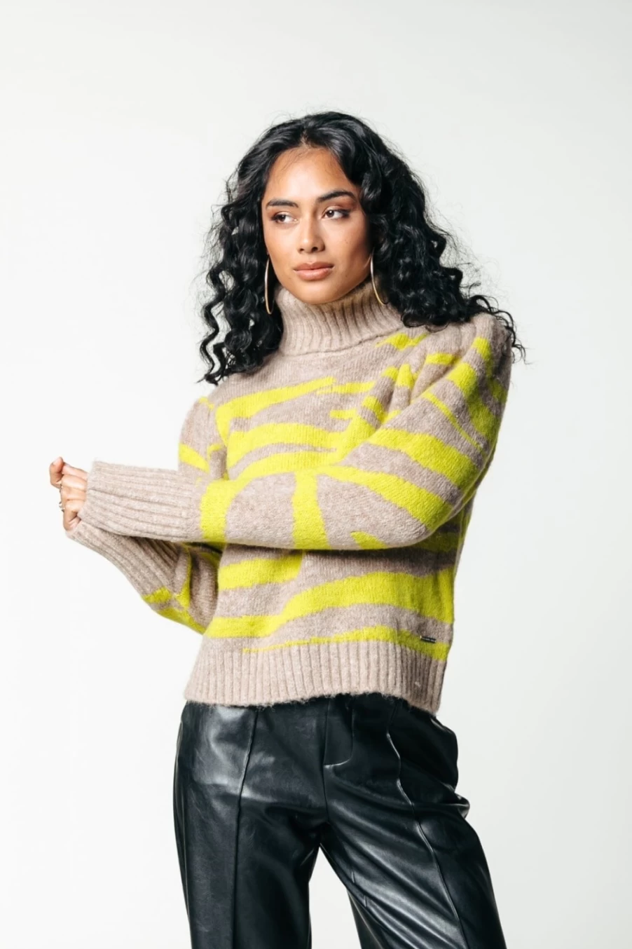 Colourful Rebel Women's Neon Lime Zebra Jacquard Knit Sweater | Bold Animal Print Pullover