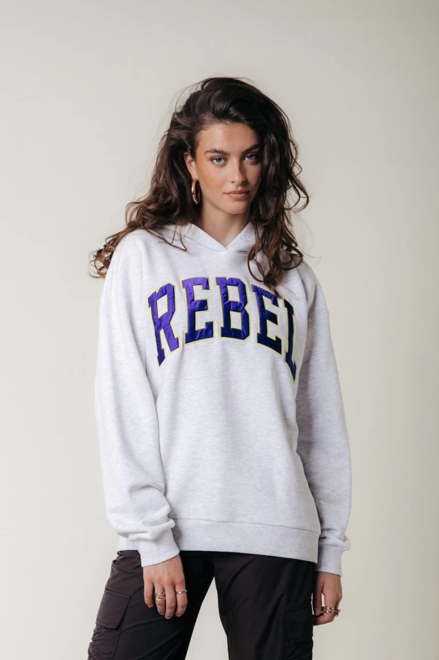 Colourful Rebel Women's Light Gray Melange Oversized Hoodie | Rebel Patch Design