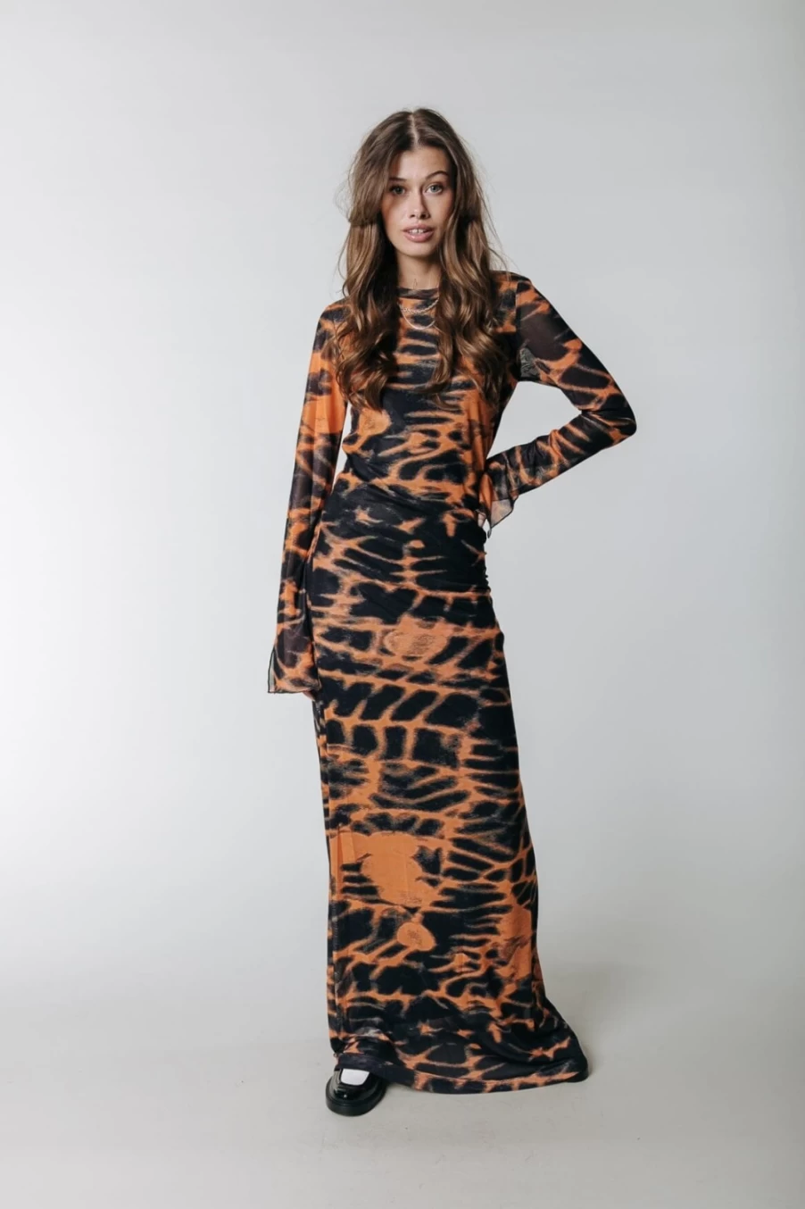 Colourful Rebel Women's Mandarin Orange Animal Mesh Maxi Dress - Maude Style