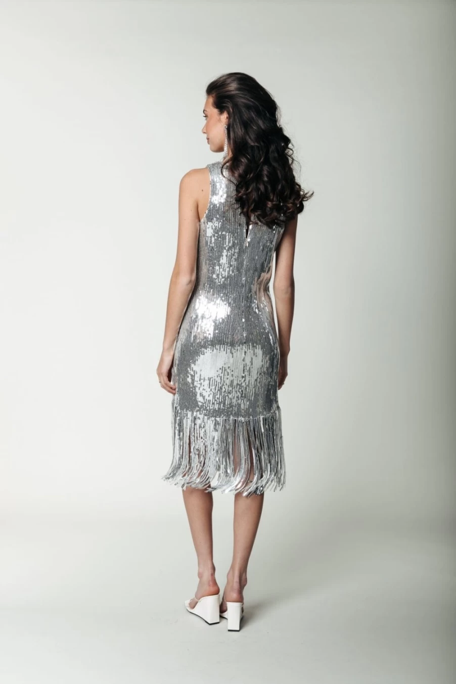 Colourful Rebel Women's Mase Sequins Fringe Halter Dress in Metallic Silver | Party Wear Glam Outfit