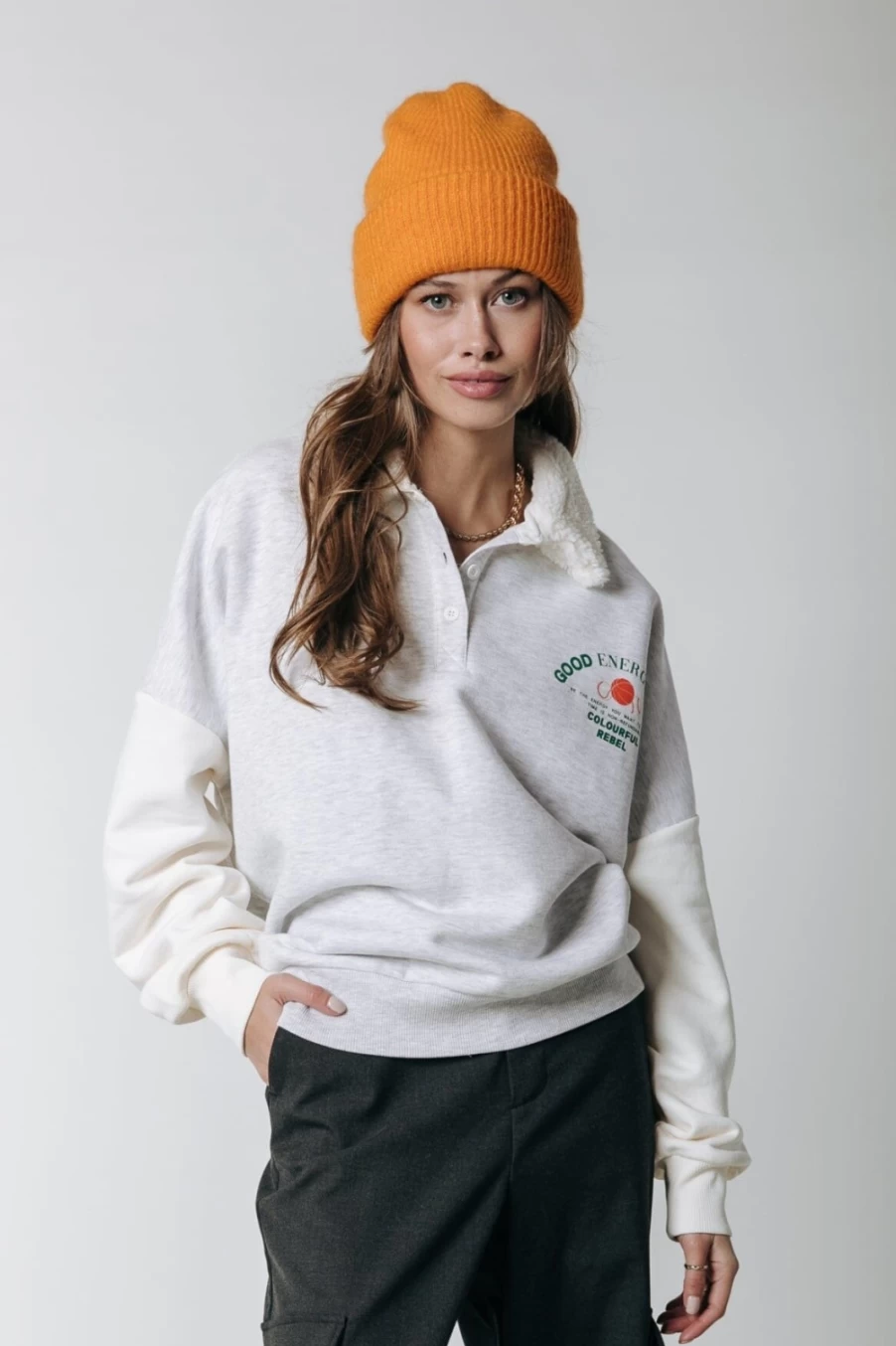 Colourful Rebel Women's Good Energy Collar Sweater in Light Gray Melange | Stylish & Comfortable