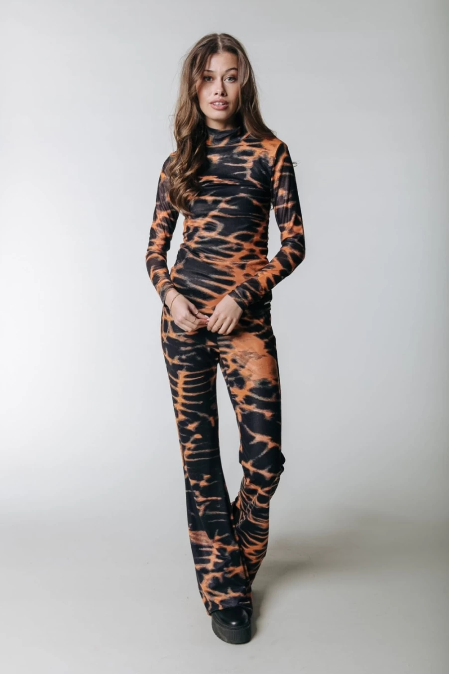 Colourful Rebel Women's Neyo Animal Print Mesh Turtleneck Top in Mandarin Orange