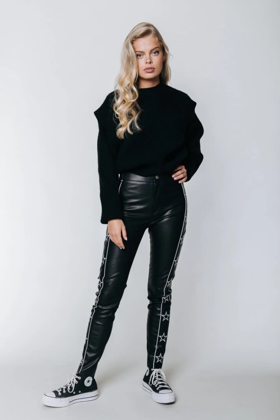 Colourful Rebel Women's Faux Leather Five Pocket Pants - Black & White High Waisted Star Design