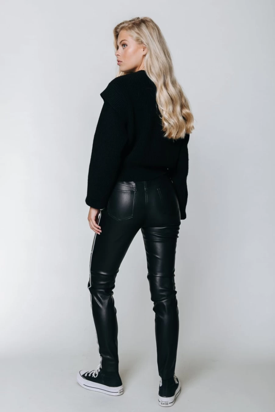 Colourful Rebel Women's Faux Leather Five Pocket Pants - Black & White High Waisted Star Design