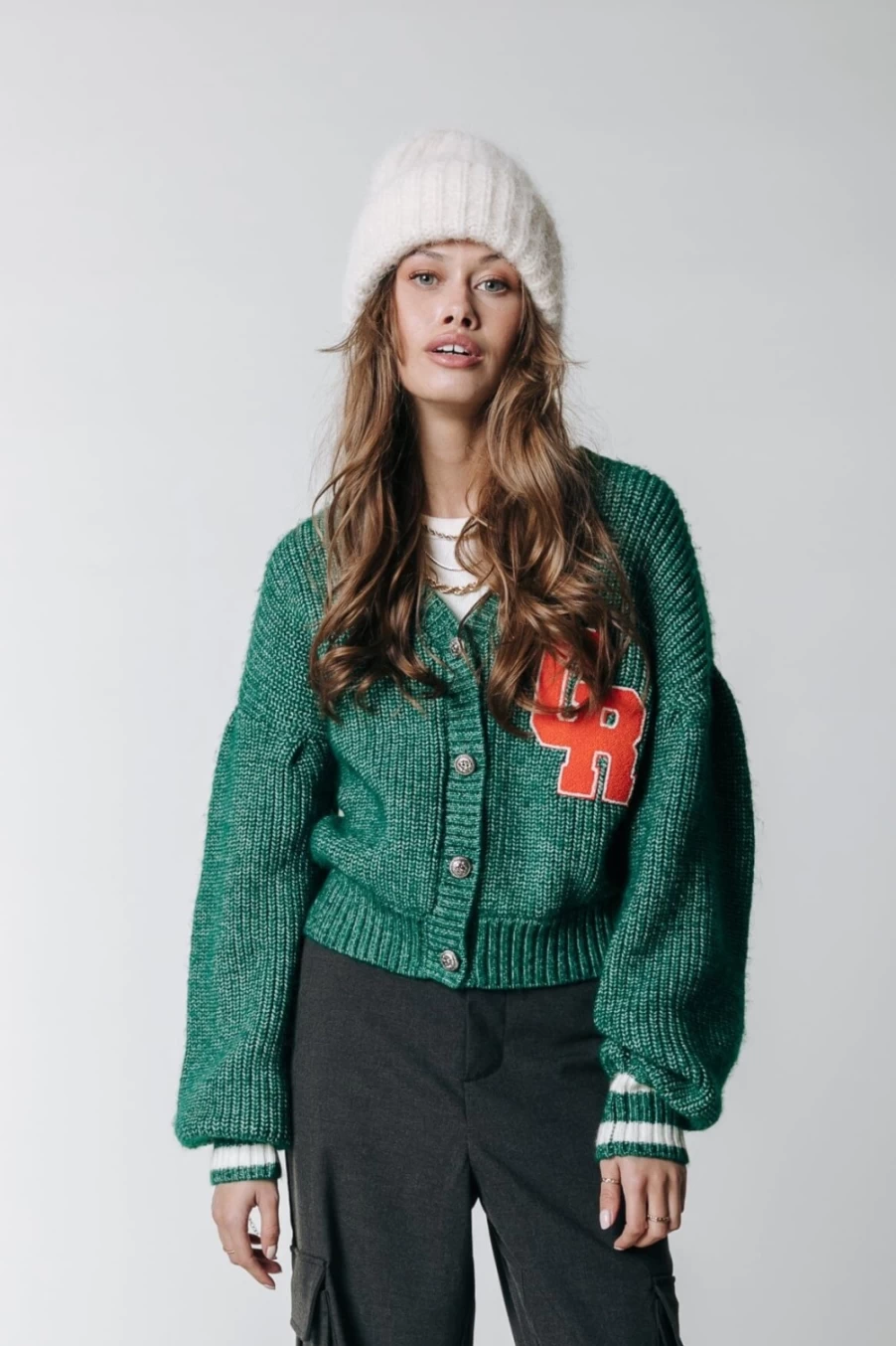 Colourful Rebel Women's Shara CR Patch Knitted Cardigan in Deep Green | Stylish Cropped Sweater