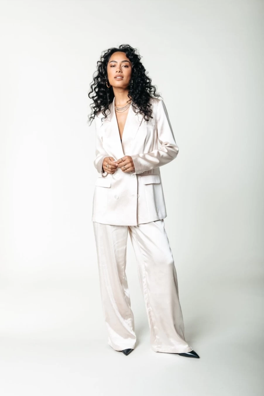 Colourful Rebel Women's Satin Straight Pants in Champagne | Pippi High-Waisted Trousers for Elegant Comfort