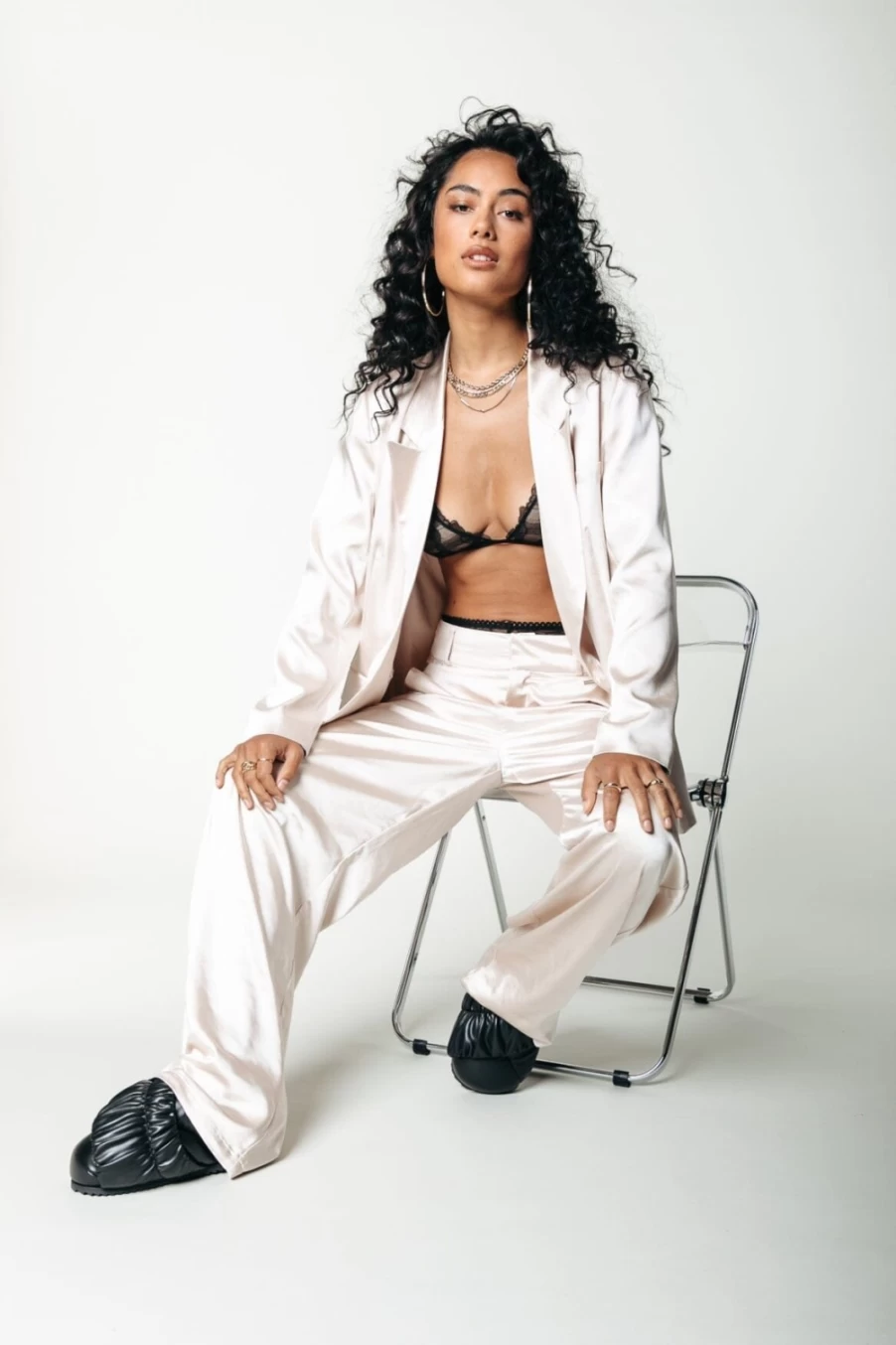 Colourful Rebel Women's Satin Straight Pants in Champagne | Pippi High-Waisted Trousers for Elegant Comfort