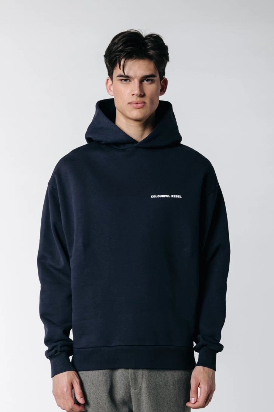 Colourful Rebel Men's Navy Uni Logo Relaxed Fit Hoodie