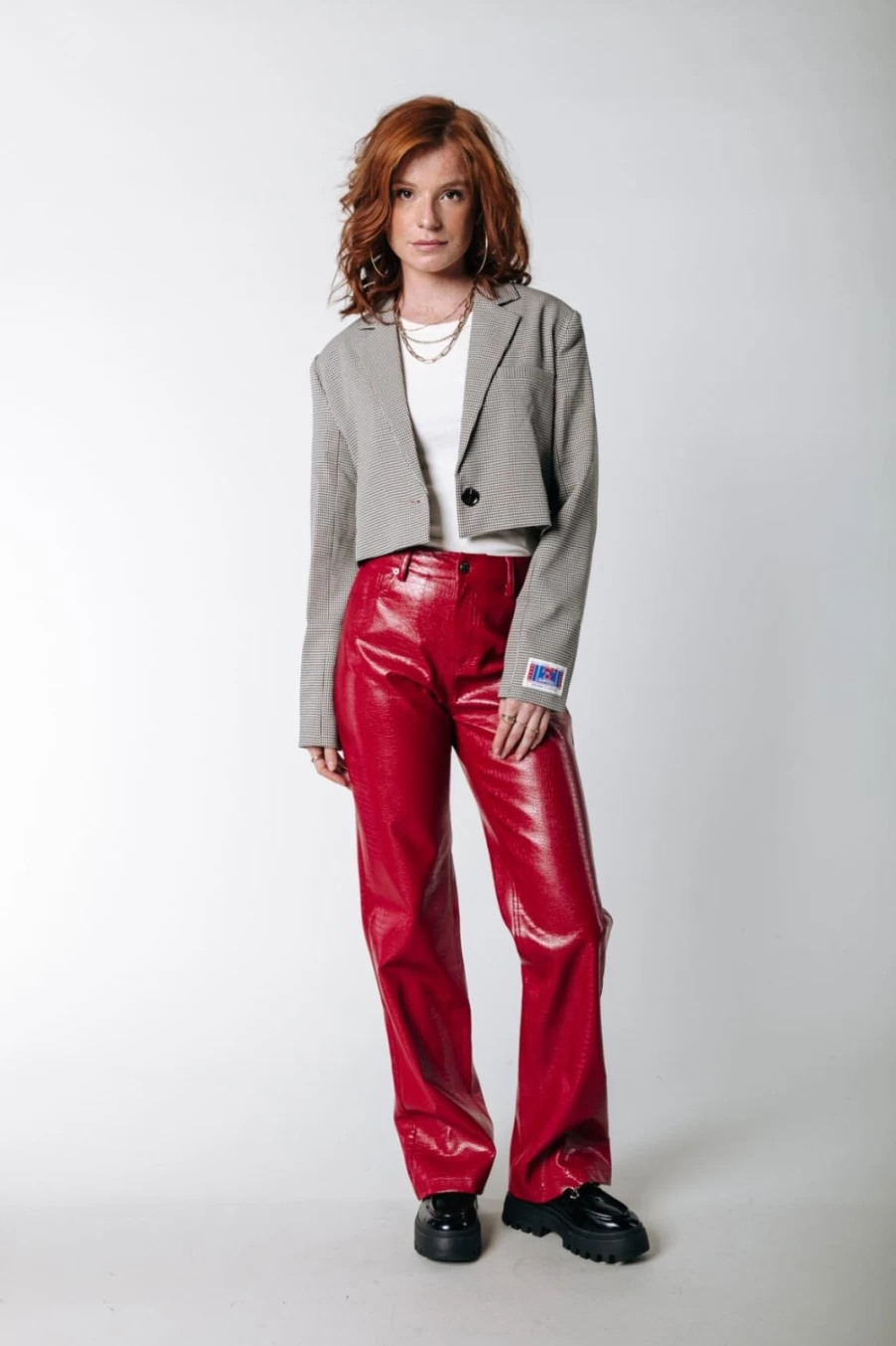 Colourful Rebel Women's Russy Croco Pants in Red | Faux Leather High-Waisted Trousers