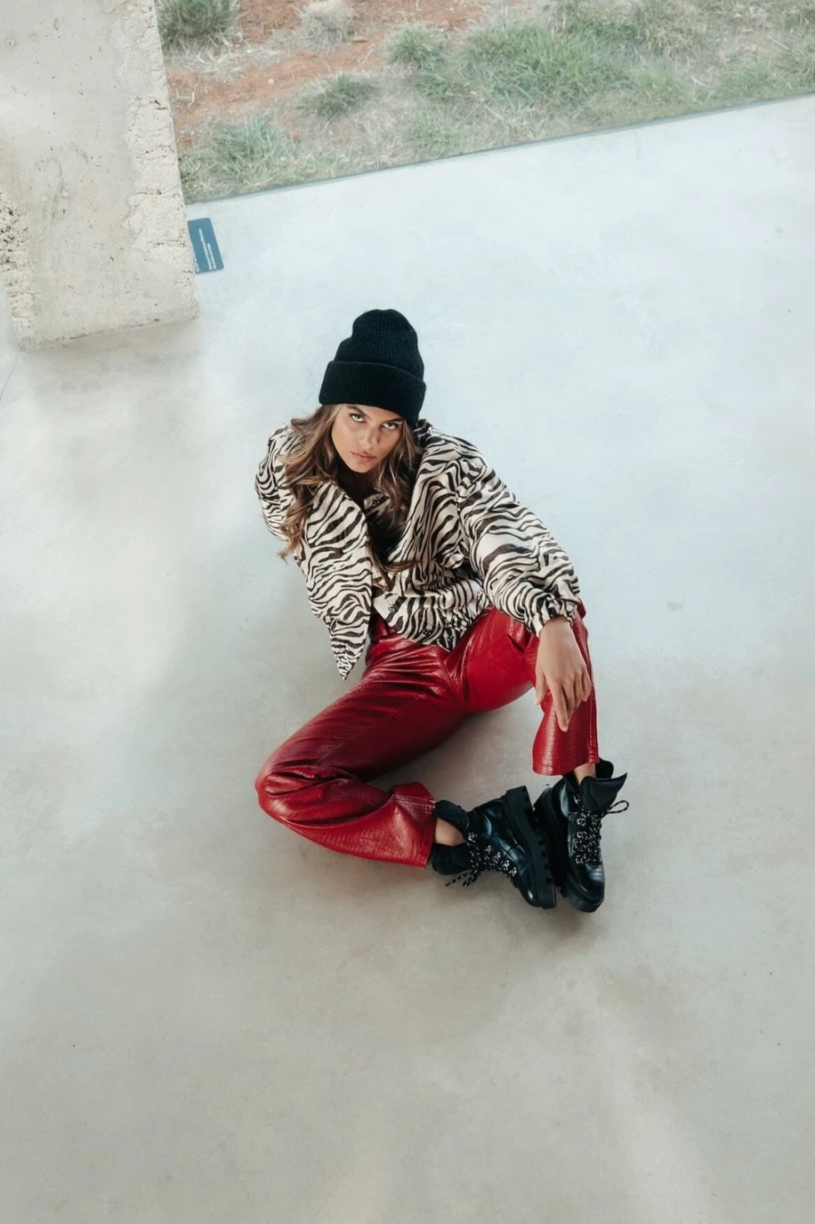 Colourful Rebel Women's Russy Croco Pants in Red | Faux Leather High-Waisted Trousers